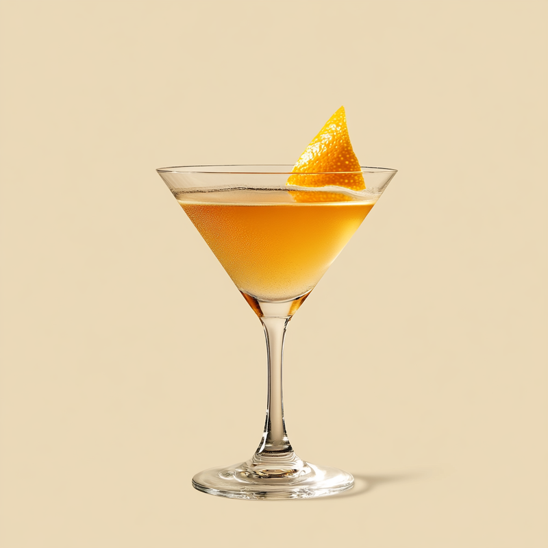 A photo of the Orange Dutch Treat cocktail containing Bols Genever, Giffard Triple Sec, Angostura Orange Bitters, Chilled water in a Martini.