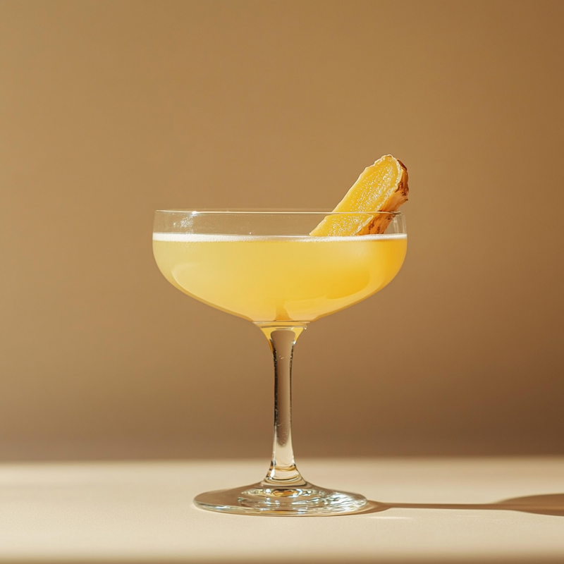 A photo of the Golden Royale cocktail containing Hennessy V.S. Cognac, Barrow's Intense Ginger Liqueur, Chartreuse Yellow, Freshly squeezed lemon juice in a Coupe.