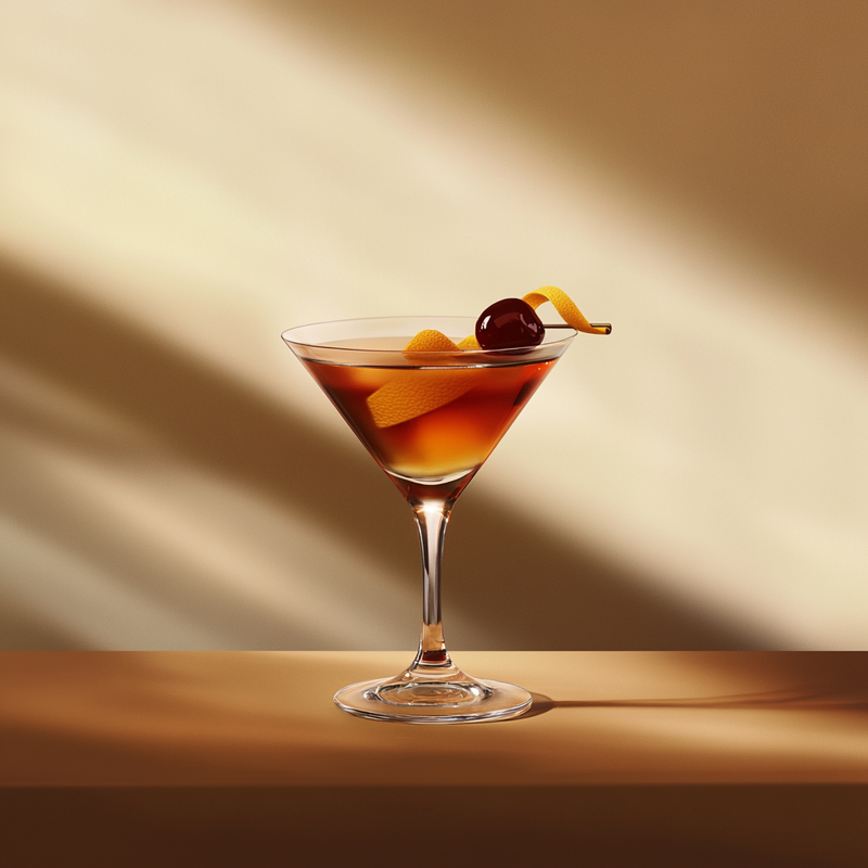 A photo of the Manhattan Sweet cocktail containing Savage & Cooke Cask Finished Bourbon, Martini & Rossi Rosso Sweet Vermouth, Angostura Aromatic Bitters, Maraschino syrup (from cherry jar) in a Martini.