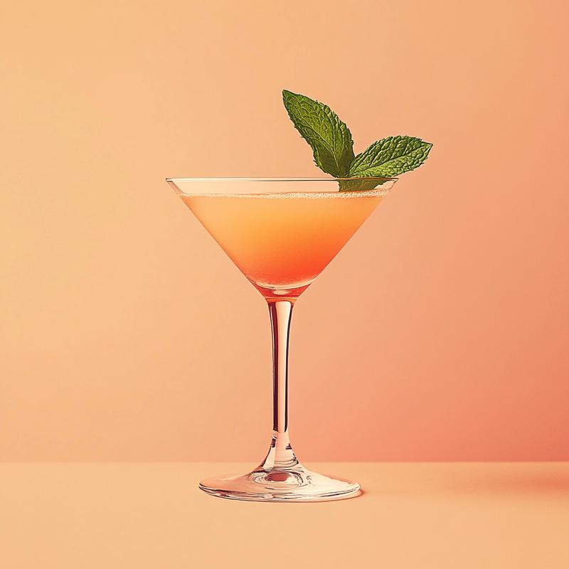 A photo of the Tipperary cocktail containing Mint leaves, Beefeater London Dry Gin, Noilly Prat Dry Vermouth, Freshly squeezed orange juice, Liber & Co. Real Grenadine in a Martini.
