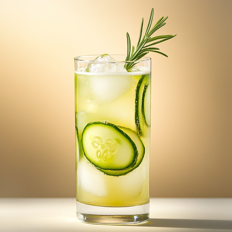 A photo of the Cucumber Serenade cocktail containing English cucumber peeled, MIDORI Melon Liqueur, Beefeater London Dry Gin, Tonic water in a Collins.
