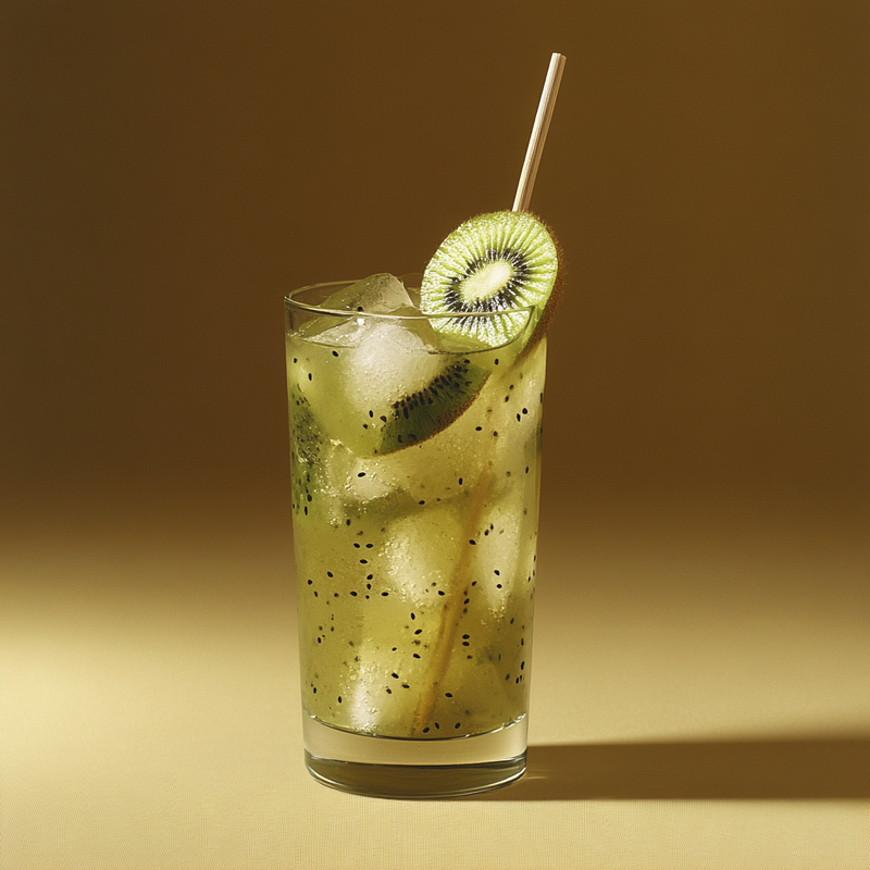 A photo of the Kiwi Caipi-Dream cocktail containing Fresh lime (chopped wedges), Caster sugar, Kiwi fruit (chopped), Novo Fogo Chameleon Cachaça in a Highball.