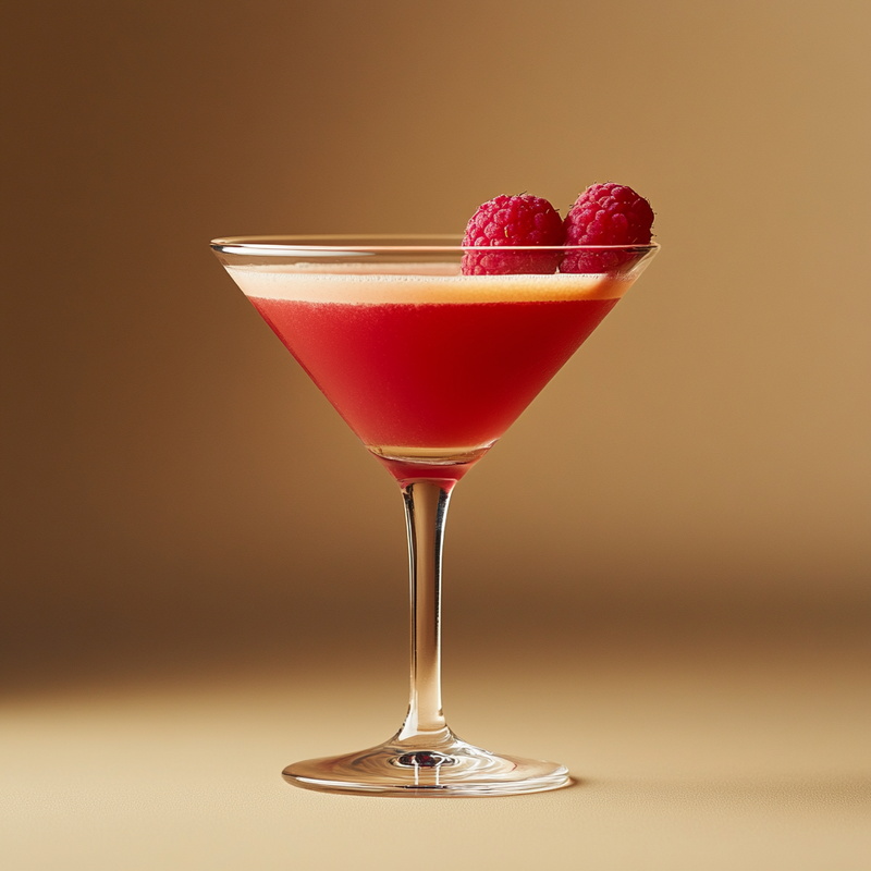 A photo of the Berry Balalaika cocktail containing Raspberries, Ketel One Vodka, Cranberry juice, Freshly squeezed lemon juice, Chambord Liqueur, Vanilla sugar syrup in a Martini.