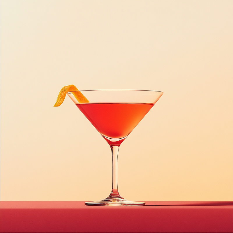A photo of the East India cocktail containing Hennessy V.S. Cognac, Grand Marnier, Luxardo Maraschino Liqueur, Liber & Co. Real Grenadine, Angostura Aromatic Bitters in a Martini.