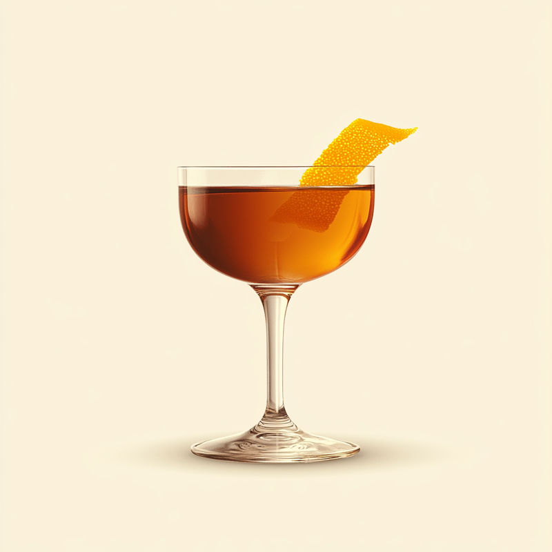 A photo of the Genever Orange Whirl cocktail containing Bols Genever, Pierre Ferrand Dry Curaçao, Tea (Black cold) in a Nick & Nora.