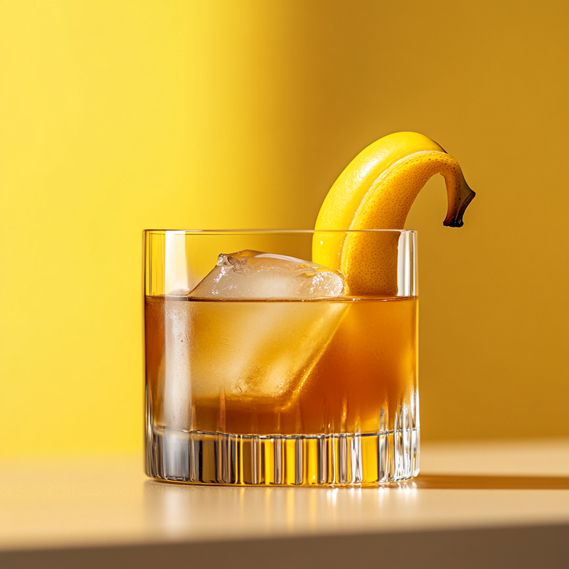 A photo of the Banana Fashioned cocktail containing Hennessy V.S. Cognac, Chartreuse Yellow, Giffard Banane du Brésil Liqueur, Angostura Orange Bitters in a Old-Fashioned.