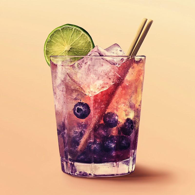 A photo of the Berry 'n' Lime Samba cocktail containing Fresh lime (chopped wedges), Caster sugar, Blueberries, Novo Fogo Chameleon Cachaça in a Highball.