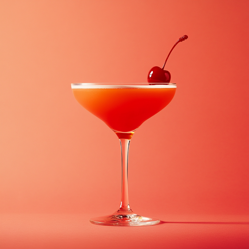 A photo of the Blood Moon Martini cocktail containing Beefeater London Dry Gin, Martini & Rossi Rosso Sweet Vermouth, Noilly Prat Dry Vermouth, Blood orange juice in a Coupe.