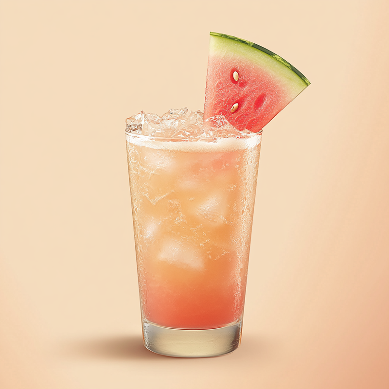 A photo of the Watermelon Samba Splash cocktail containing Fresh watermelon, Novo Fogo Chameleon Cachaça, Evaporated milk (sweetened), AquaRiva Organic Agave Syrup, Coconut water in a Collins.