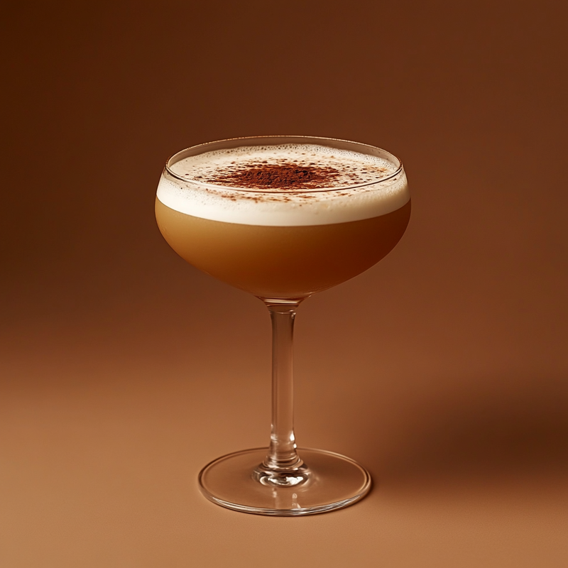 A photo of the Tropical Orchard Delight cocktail containing Novo Fogo Chameleon Cachaça, Pressed apple juice, Valdespino Inocente Fino Sherry, Marie Brizard Crème de Cacao White, Giffard Orgeat Syrup in a Coupe.