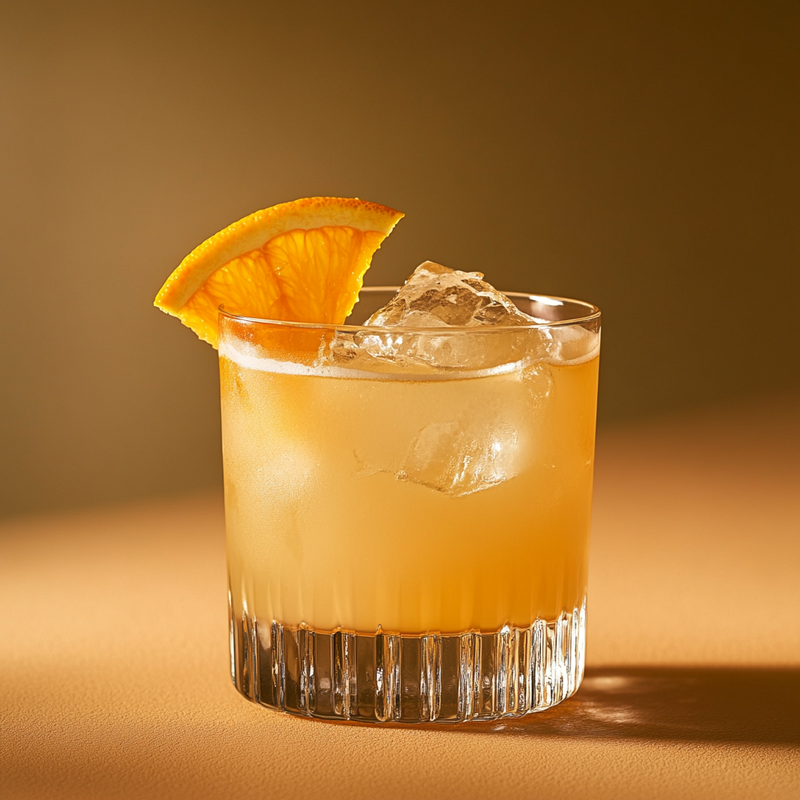 A photo of the Sun-Kissed Riviera Fizz cocktail containing Ricard Pastis de Marseille Aperitif, Freshly squeezed orange juice, Ginger ale in a Old-Fashioned.