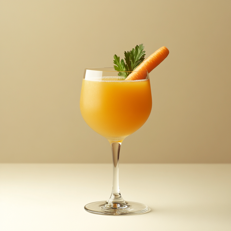 A photo of the Cachaca Carrot Fizz cocktail containing Novo Fogo Chameleon Cachaça, Freshly extracted carrot juice, AquaRiva Organic Agave Syrup, Tonic water in a Flute.