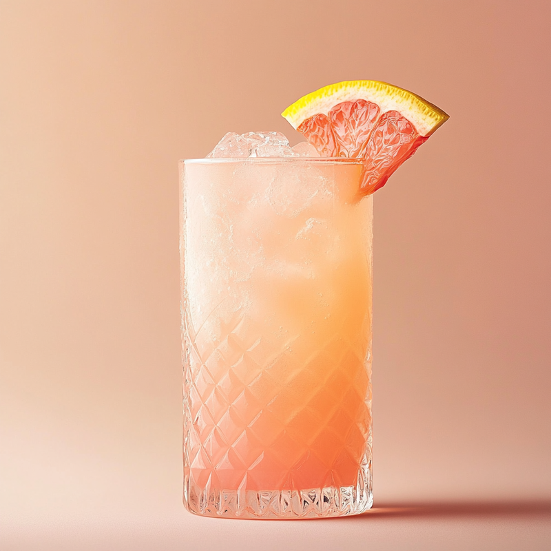 A photo of the Green Fairy Sunrise cocktail containing Pernod Absinthe, Cranberry juice, Freshly squeezed pink grapefruit juice in a Collins.