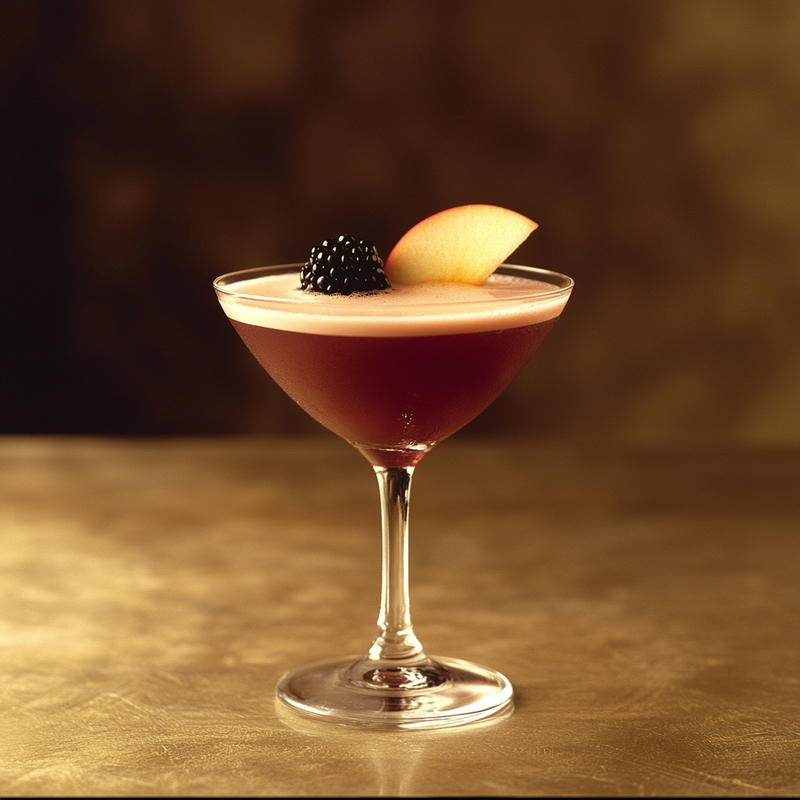 A photo of the Berry Orchard Martini cocktail containing Blackberries, Roger Groult 3 Year Reserve Pays D'Auge Calvados, Chambord Liqueur, Freshly squeezed pink grapefruit juice in a Martini.