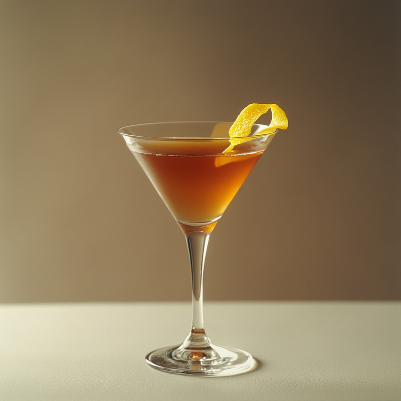 A photo of the Earl’s Elixir cocktail containing Grand Marnier, Bénédictine D.O.M. Liqueur, Cold Earl Grey tea in a Martini.