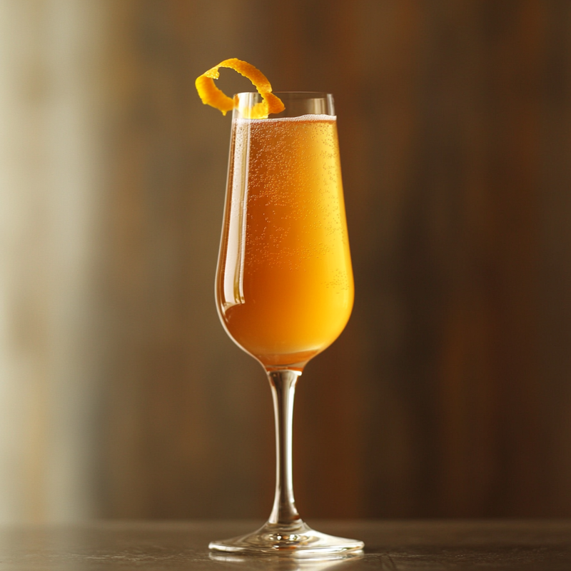 A photo of the Honey Rhubarb Fizz cocktail containing Rhubarb & orange preserve, Roots Rakomelo Sweet Liqueur, La Marca Prosecco in a Flute.