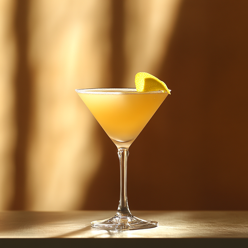 A photo of the Southern Bloom Martini cocktail containing Savage & Cooke Cask Finished Bourbon, St-Germain Elderflower Liqueur, John D. Taylor's Velvet Falernum, Freshly squeezed lime juice, Peychaud's Bitters in a Martini.