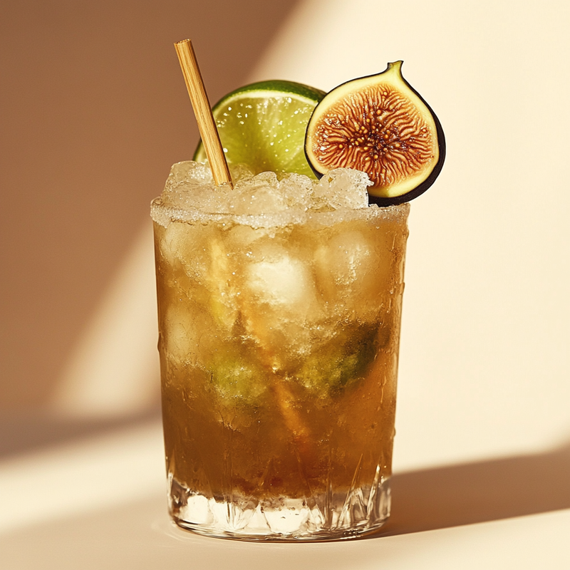 A photo of the Ginger Fig Carnival cocktail containing Fresh lime (chopped wedges), Caster sugar, Figs (chopped), Barrow's Intense Ginger Liqueur, Novo Fogo Chameleon Cachaça in a Highball.
