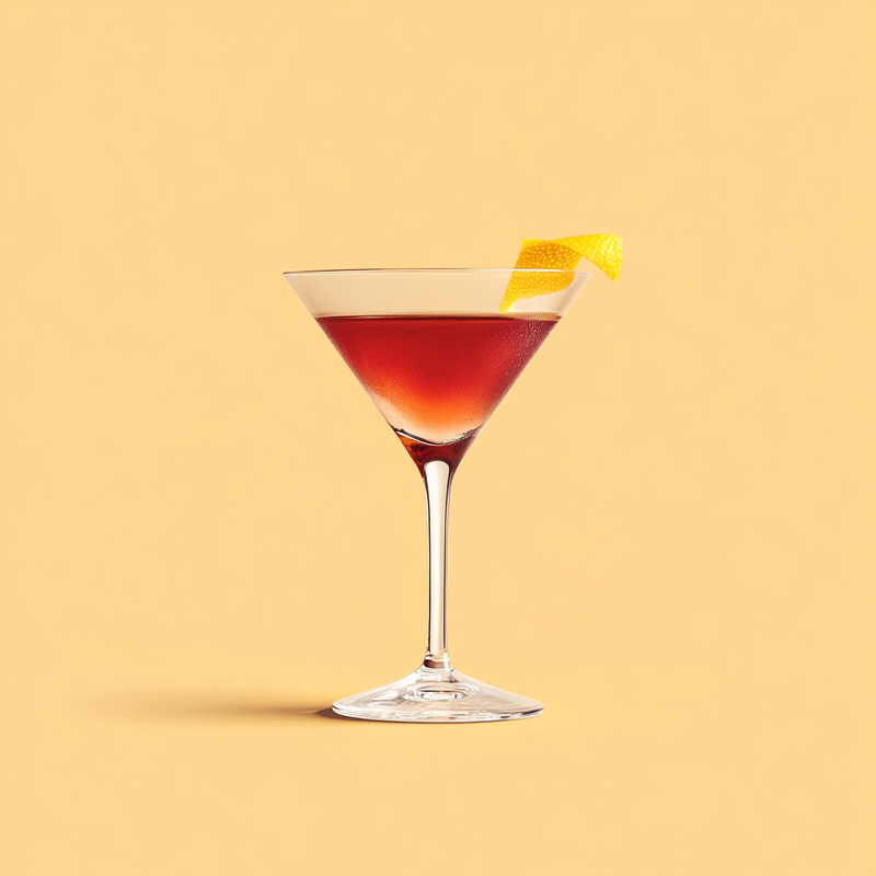 A photo of the Crimson Martini cocktail containing Beefeater London Dry Gin, Noilly Prat Dry Vermouth, Martini & Rossi Rosso Sweet Vermouth, Dubonnet Rouge in a Martini.