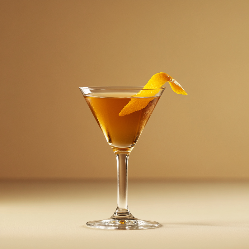 A photo of the Martinez cocktail containing Beefeater London Dry Gin, Martini & Rossi Rosso Sweet Vermouth, Pierre Ferrand Dry Curaçao, Angostura Orange Bitters in a Martini.