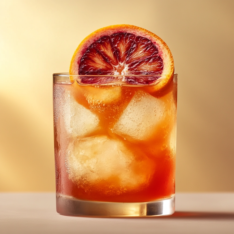 A photo of the Spritz of the Blood Moon cocktail containing La Marca Prosecco, Solerno Blood Orange Liqueur, Club soda in a Old-Fashioned.