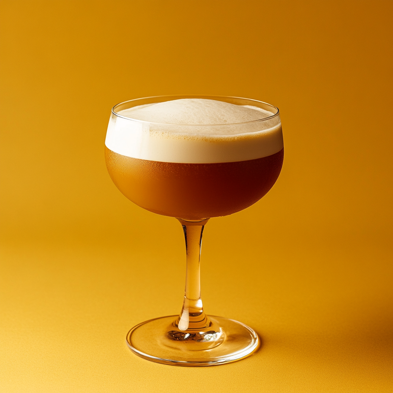 A photo of the Coconuttaire cocktail containing Savage & Cooke Cask Finished Bourbon, Mr Black Cold Brew Coffee Liqueur, Freshly squeezed lemon juice, Fresh pressed pineapple juice, Cold brew coffee in a Coupe.