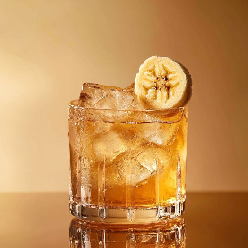 A photo of the Bananawalker cocktail containing Compass Box Great King Street Artist's Blend Scotch, Giffard Banane du Brésil Liqueur, Campari Aperitivo, Saline solution 10:1 (5g sea salt to 50ml water) in a Old-Fashioned.