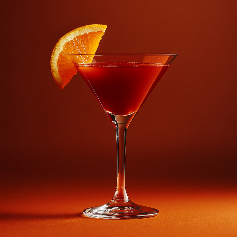 A photo of the Covadonga cocktail containing Campari Aperitivo, Martini & Rossi Rosso Sweet Vermouth, Freshly squeezed orange juice, Liber & Co. Real Grenadine, Angostura Aromatic Bitters in a Martini.
