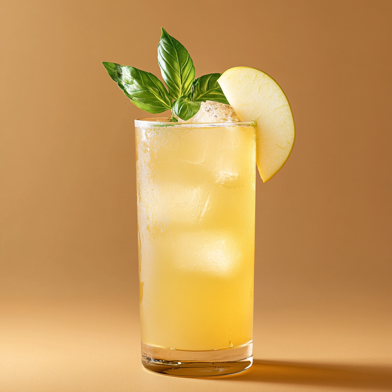 A photo of the Gin Basil Buzz cocktail containing Beefeater London Dry Gin, Honey syrup, Basil leaves, Freshly squeezed lemon juice, Pressed apple juice in a Collins.