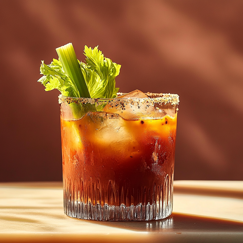 A photo of the Bloody Maria cocktail containing Milagro Reposado Tequila, Tomato juice, Freshly squeezed lemon juice, Hot pepper sauce, Worcestershire sauce, Horseradish sauce, Graham's 10 Year Old Aged Tawny Port, Celery salt, Black pepper in a Collins.