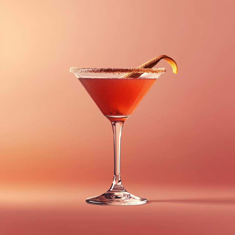 A photo of the Southern Spice Martini cocktail containing Cinnamon stick, Southern Comfort, Giffard Triple Sec, Rose's lime cordial, Cranberry juice in a Martini.