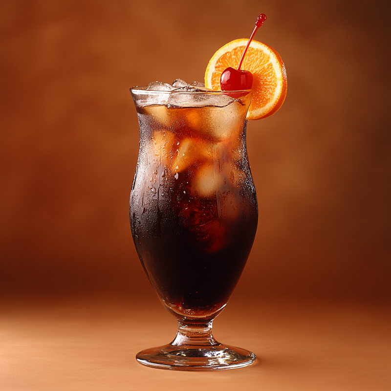 A photo of the Caffeine & Tonic Breeze cocktail containing Beefeater London Dry Gin, Giffard Triple Sec, Freshly squeezed lime juice, Coca-Cola, Grand Marnier, Mr Black Cold Brew Coffee Liqueur in a Hurricane.