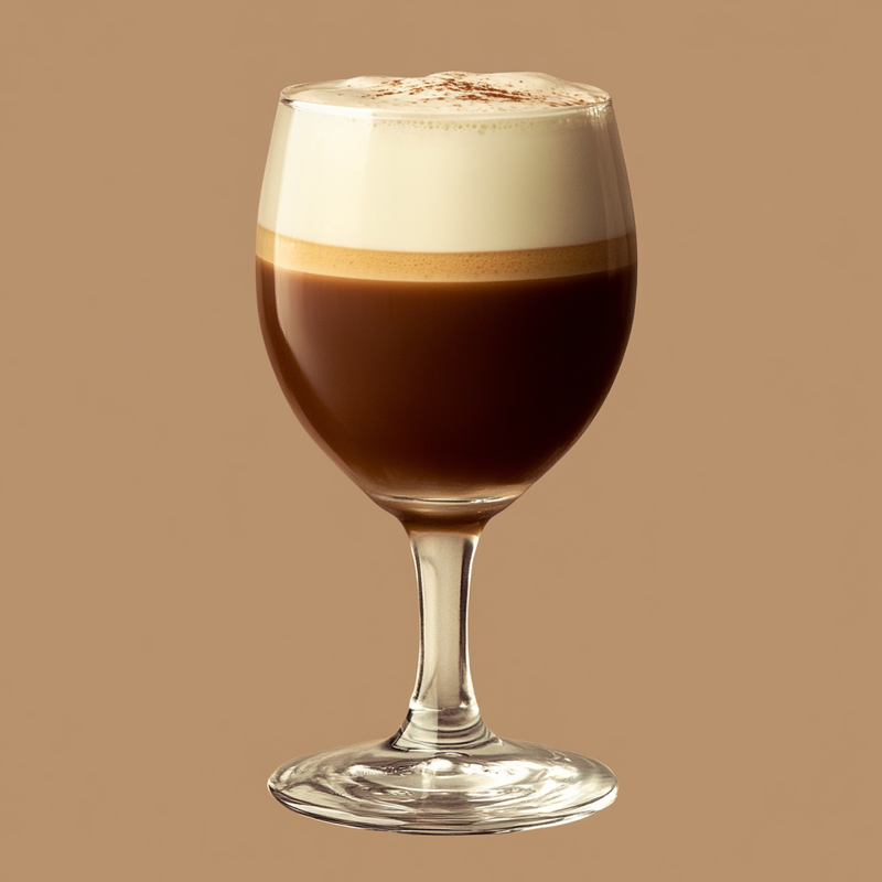 A photo of the Baileys Brew cocktail containing Espresso coffee (freshly made & hot), Bailey's Irish Cream, Milk (steamed foaming) in a Toddy.