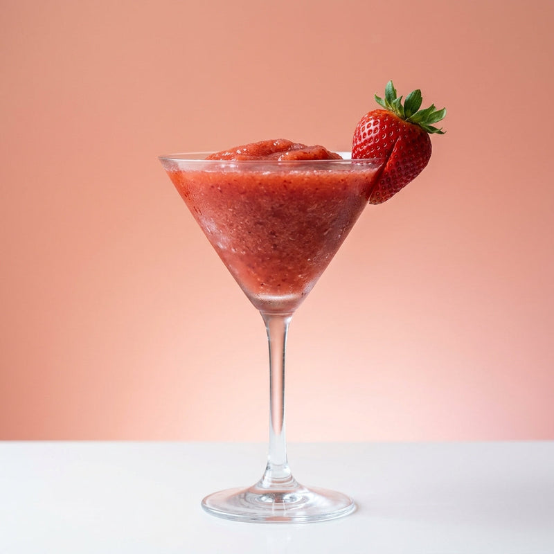 A photo of the Strawberry Daiquiri cocktail containing Planteray 3 Stars White Rum, Freshly squeezed lime juice, Giffard Sugar Cane Syrup (Sirop Sucre de Canne), Small ripe strawberries (hulled) in a Martini.