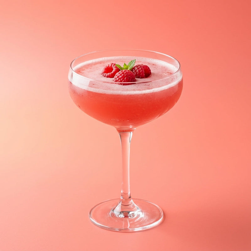 A photo of the Lemon Drop Royale cocktail containing Raspberries, Ketel One Vodka, Pallini Limoncello, Giffard Sugar Cane Syrup (Sirop Sucre de Canne) in a Coupe.