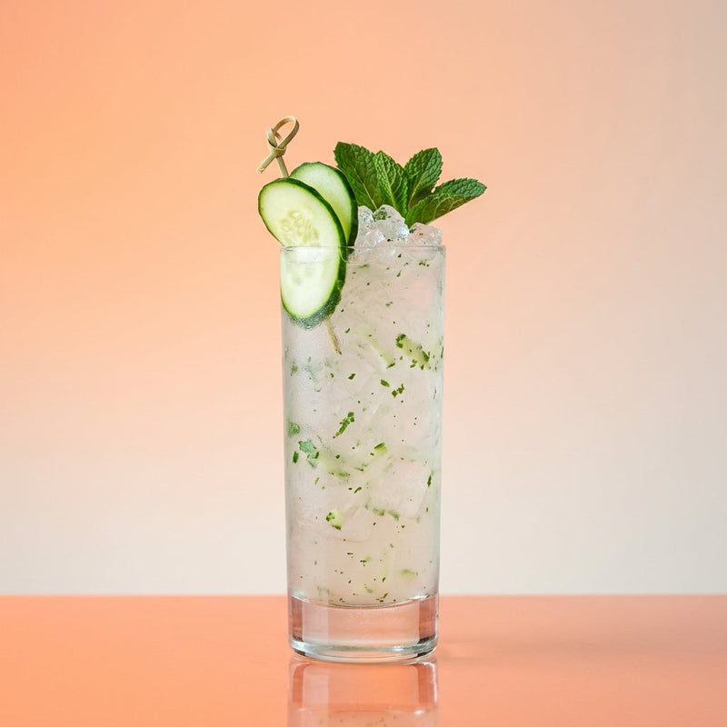 A photo of the Elderflower Cucumber Crush cocktail containing English cucumber peeled, Mint leaves, St-Germain Elderflower Liqueur, Pinot Grigio white wine, Freshly squeezed lime juice, Giffard Sugar Cane Syrup (Sirop Sucre de Canne) in a Collins.