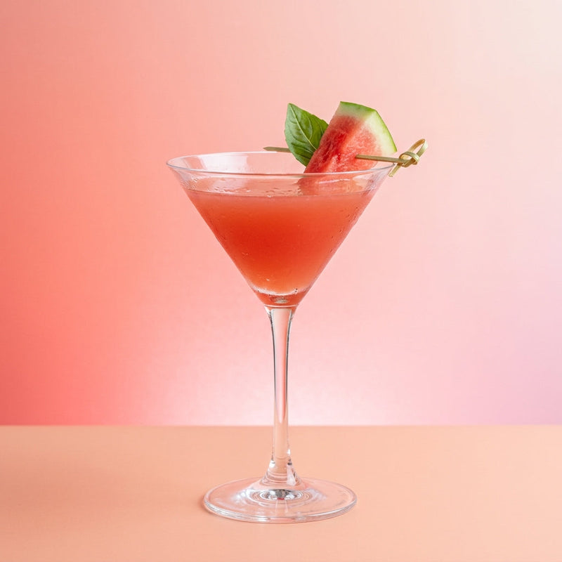 A photo of the Watermelon Patch Martini cocktail containing Fresh watermelon, Basil leaves, Beefeater London Dry Gin, Giffard Sugar Cane Syrup (Sirop Sucre de Canne) in a Martini.