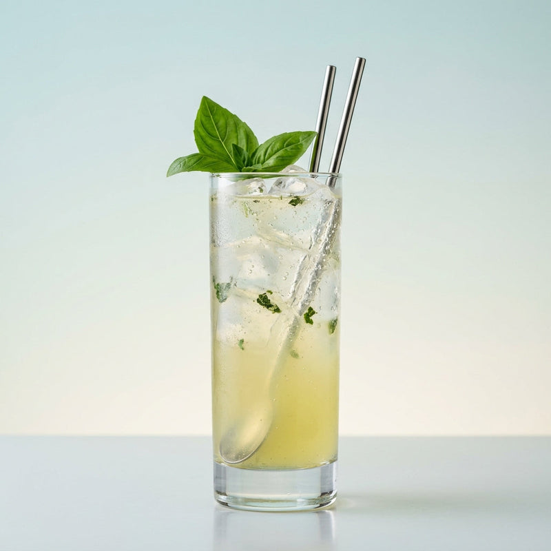 A photo of the Basil Lemon Vodka Tonic cocktail containing Basil leaves, Ketel One Vodka, Pallini Limoncello, Freshly squeezed lemon juice, Giffard Sugar Cane Syrup (Sirop Sucre de Canne), Tonic water in a Collins.
