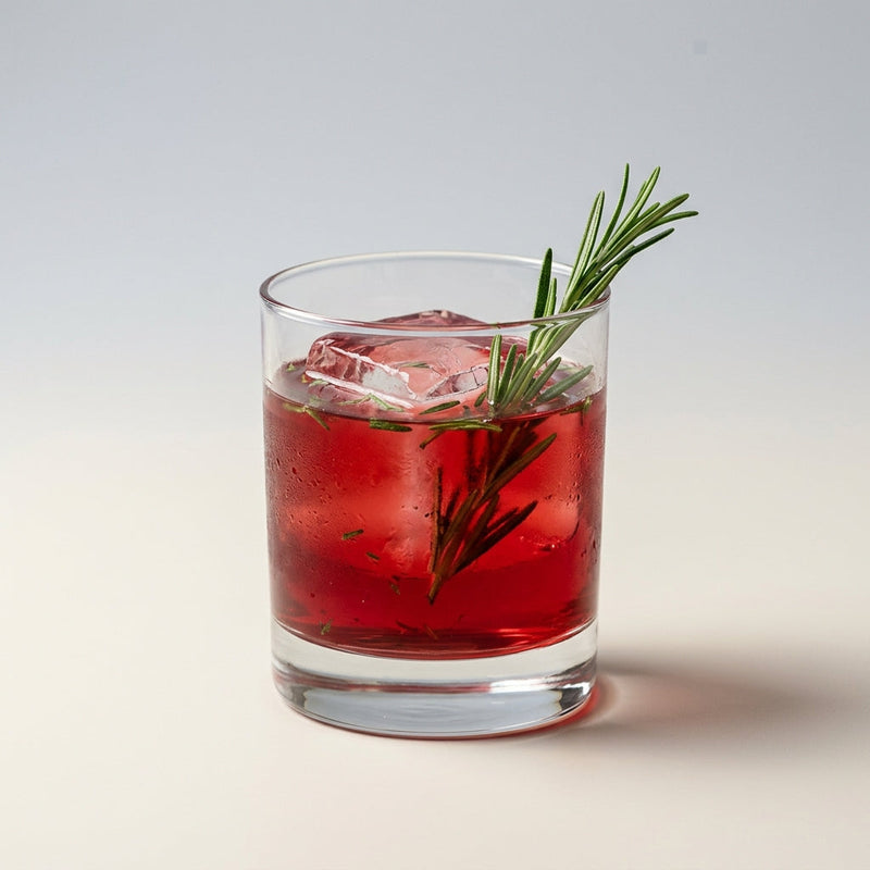 A photo of the Rosemary Old Flame cocktail containing Rosemary sprig, Grand Marnier, Cranberry juice, Freshly squeezed lemon juice, Giffard Sugar Cane Syrup (Sirop Sucre de Canne) in a Old-Fashioned.