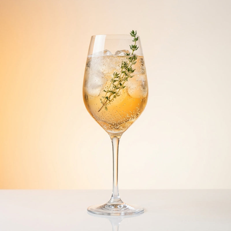 A photo of the Suze Bloom Spritz cocktail containing Club soda, Suze Aperitif, St-Germain Elderflower Liqueur, Perrier Jouet Grand Brut Champagne in a Wine.