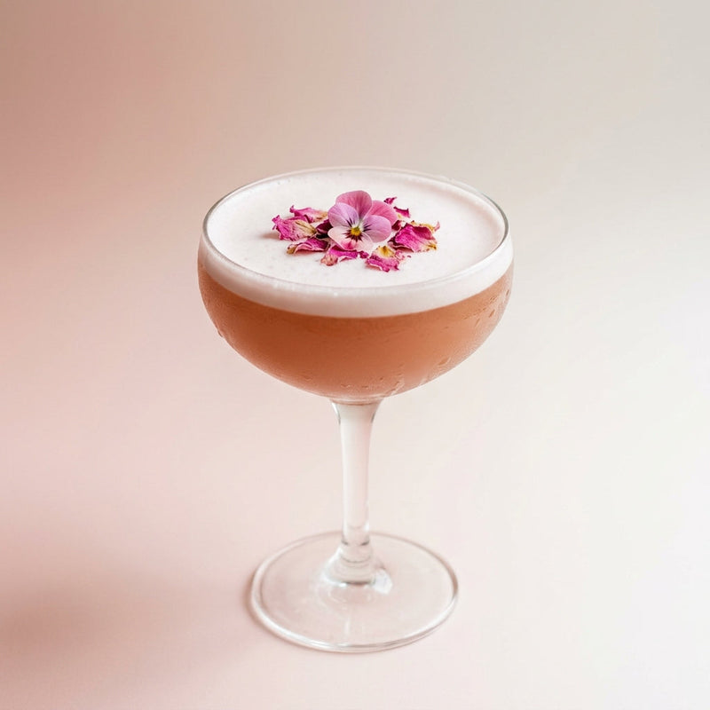 A photo of the Velvet Rose Sour cocktail containing Hennessy V.S. Cognac, Chambord Liqueur, Freshly squeezed lemon juice, Giffard Sugar Cane Syrup (Sirop Sucre de Canne), Rose water, Fee Brothers Fee Foam Egg White Alternative in a Coupe.