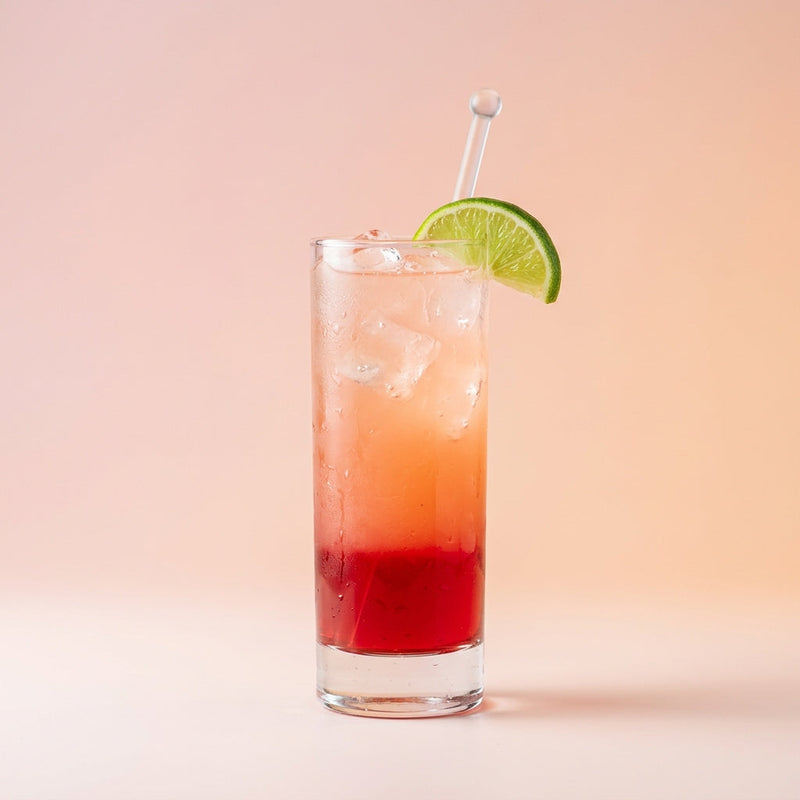 A photo of the Crimson Layer Breeze cocktail containing Ketel One Vodka, Cranberry juice, Freshly squeezed pink grapefruit juice, Freshly squeezed lime juice in a Collins.