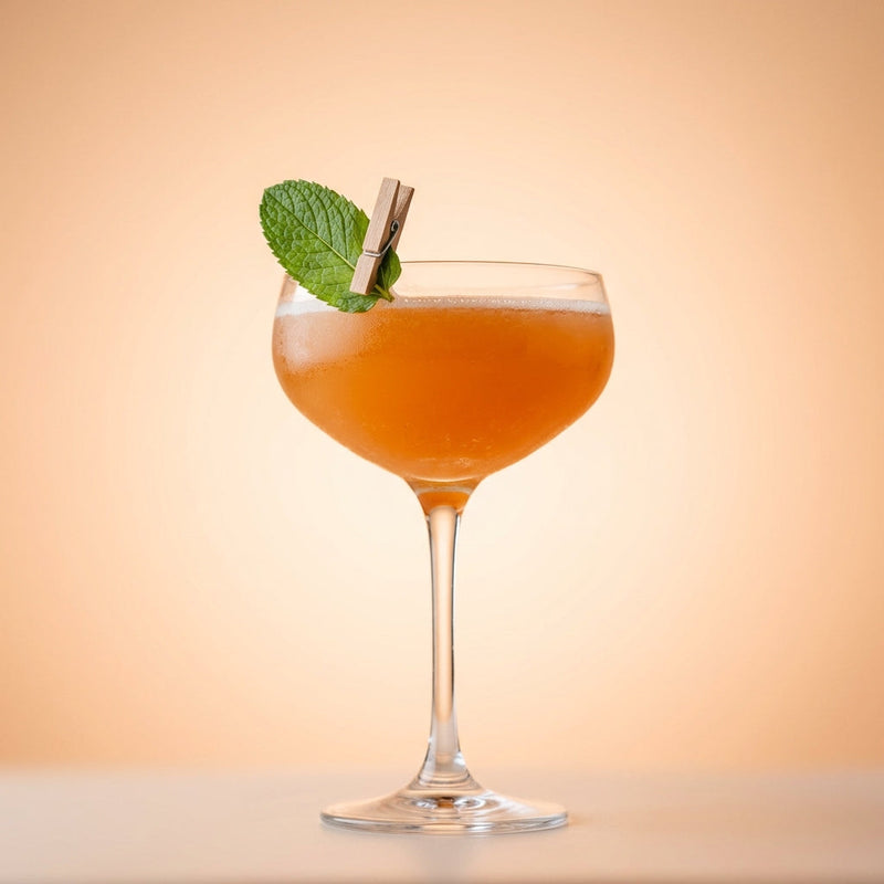 A photo of the Parisian Mirage cocktail containing Pernod Absinthe, Fresh pressed pineapple juice, Freshly squeezed lime juice, Giffard Orgeat Syrup, Campari Aperitivo in a Coupe.