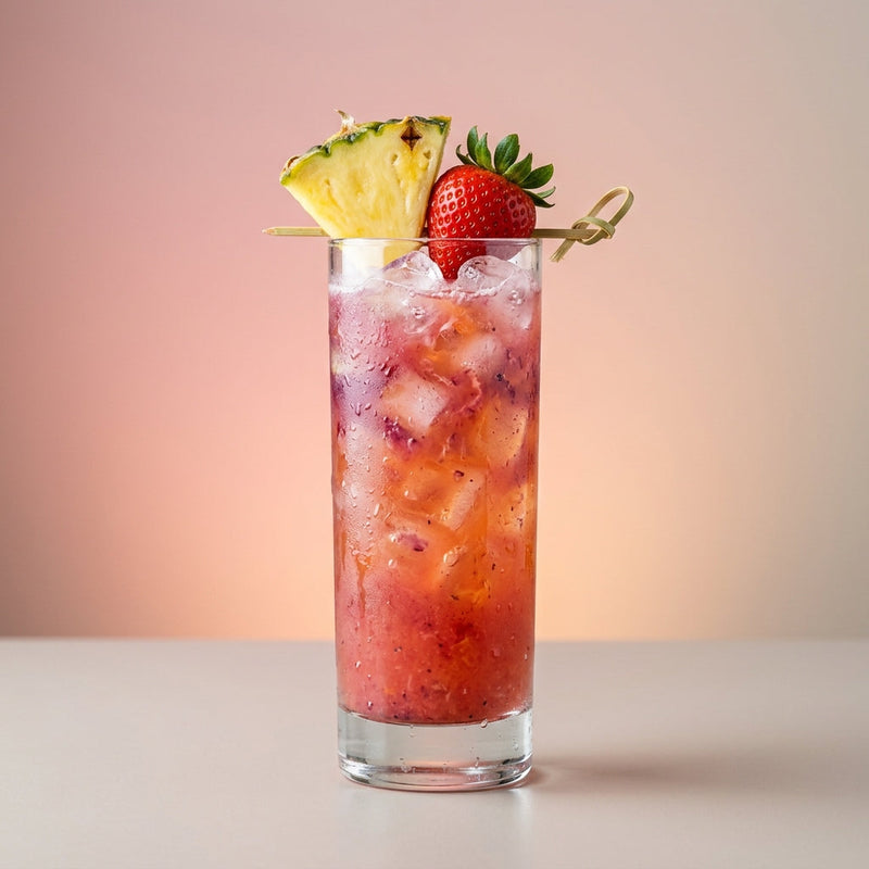 A photo of the Tropical Berry Smash cocktail containing Ketel One Vodka, Cedilla Acai Liqueur, Chinola Passion Fruit Liqueur, Fresh pressed pineapple juice, Freshly squeezed pink grapefruit juice in a Collins.