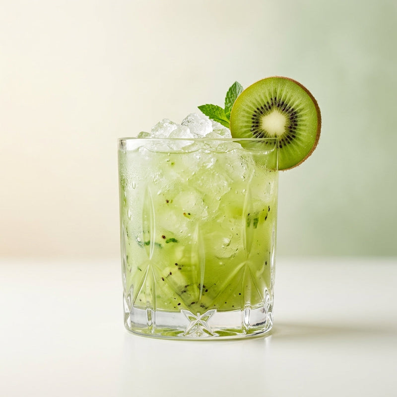 A photo of the Kiwi Cucumber Mule cocktail containing English cucumber peeled, Kiwi fruit, Zubrowka Bison Grass Vodka, Pressed apple juice, Giffard Sugar Cane Syrup (Sirop Sucre de Canne) in a Old-Fashioned.