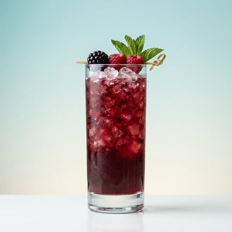 A photo of the Bramble & Bitter cocktail containing Baldoria Bitter Vermouth, Combier Crème de Mûre Blackberry Liqueur, Freshly squeezed lemon juice, Giffard Sugar Cane Syrup (Sirop Sucre de Canne), Pressed apple juice in a Collins.