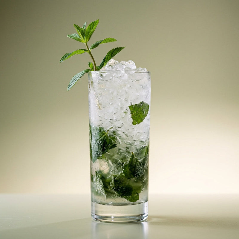 A photo of the Tequila Mojito Mule cocktail containing Mint leaves, Milagro Reposado Tequila, Freshly squeezed lime juice, Giffard Sugar Cane Syrup (Sirop Sucre de Canne), Club soda in a Collins.
