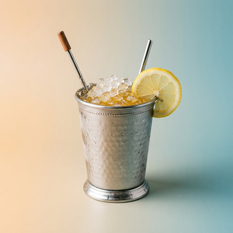 A photo of the Normandy Swizzle cocktail containing Roger Groult 3 Year Reserve Pays D'Auge Calvados, Carpano Antica Formula Vermouth, Suze Aperitif, Honey water (3 honey to 1 water), Freshly squeezed lemon juice in a Julep Tin.