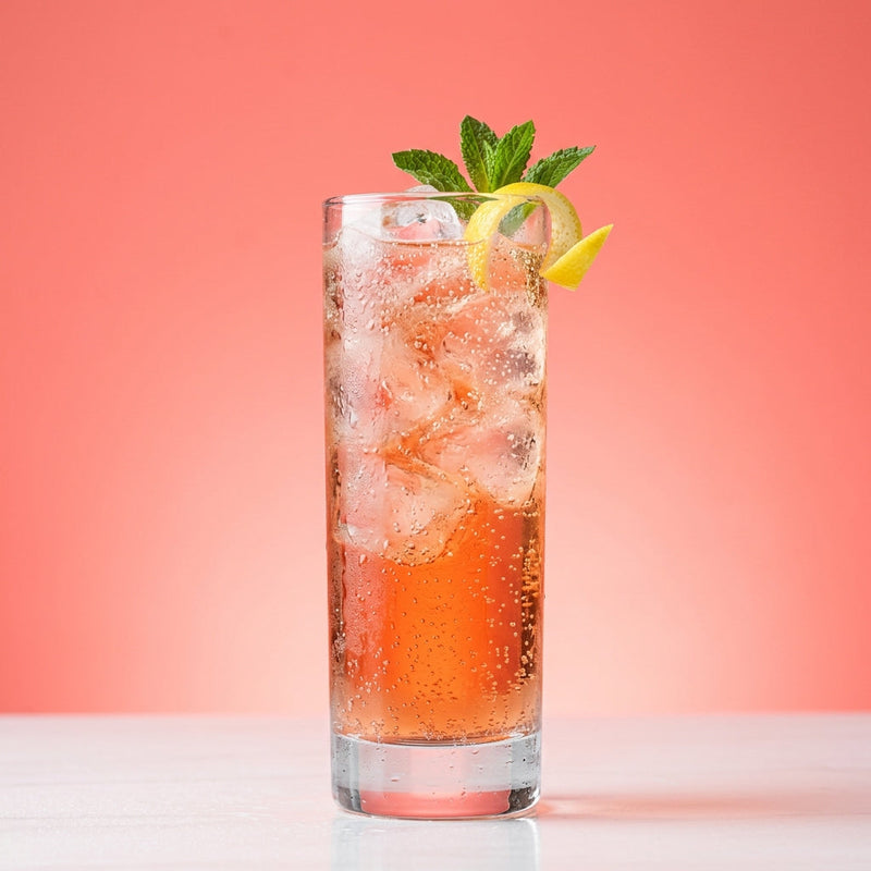 A photo of the Bitter Mint Collins cocktail containing Dolin Blanc Vermouth, Campari Aperitivo, Tempus Fugit Crème De Menthe, Peroni lager in a Collins.