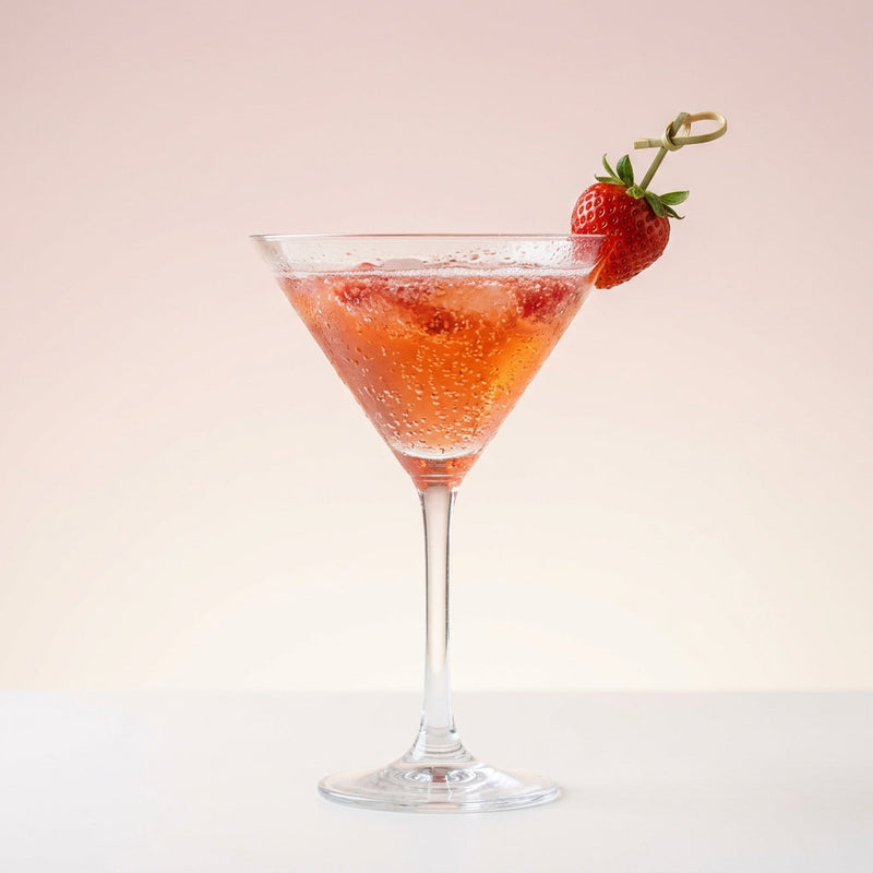 A photo of the Strawberry Fizz Martini cocktail containing Small ripe strawberries (hulled), Ketel One Vodka, Freshly squeezed lemon juice, Giffard Sugar Cane Syrup (Sirop Sucre de Canne), Perrier Jouet Grand Brut Champagne in a Martini.